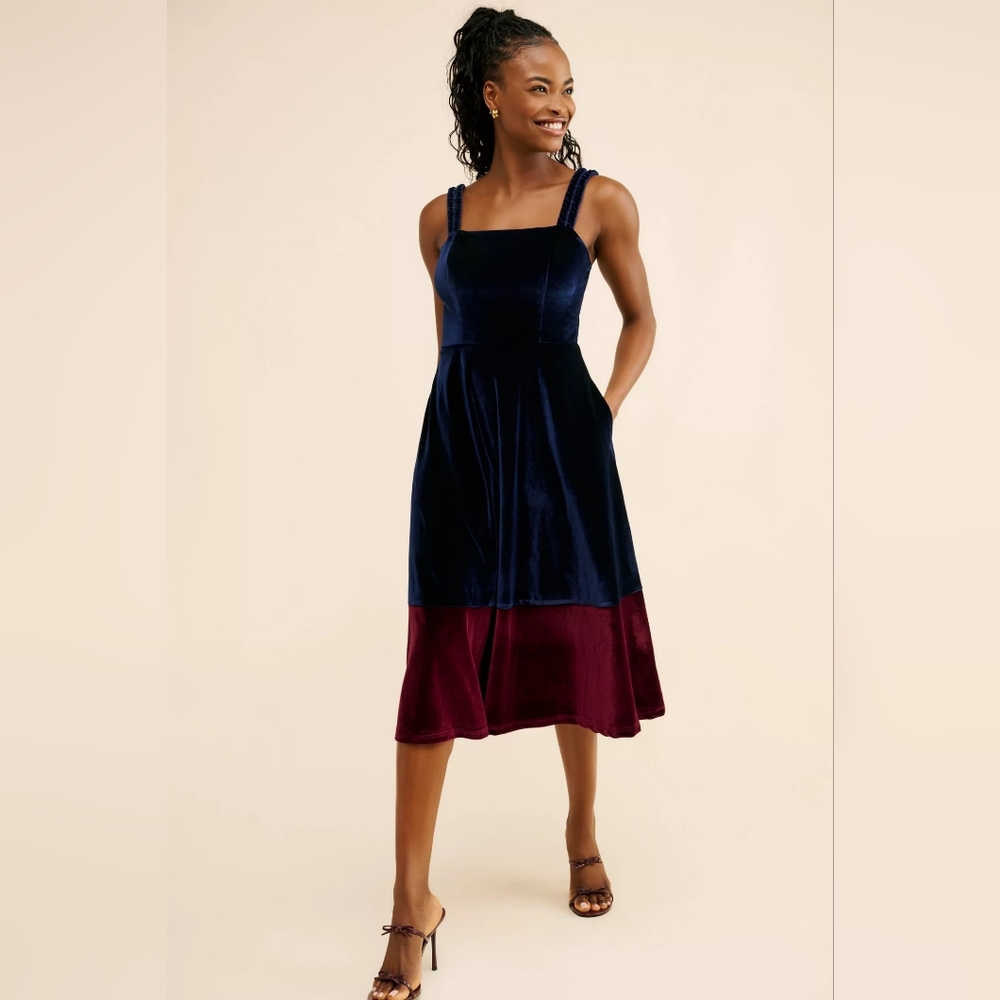 Hutch Velvet Braided Strap Colorblock Midi Cocktail Dress | Small